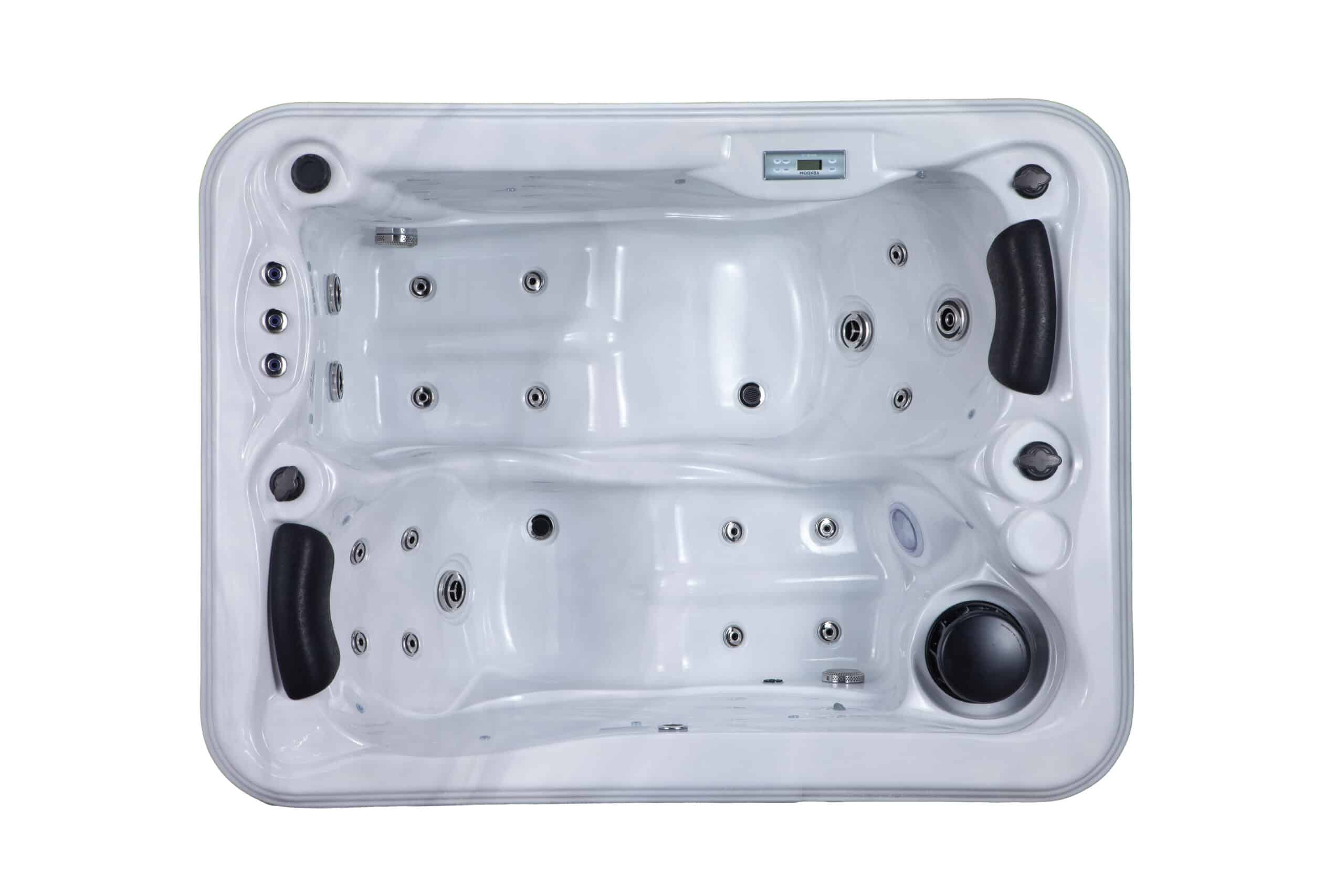 Vue de dessus d'un jacuzzi blanc biplace avec jets chromés, deux appuie-têtes noirs et un panneau de contrôle digital affichant "VENDOM".