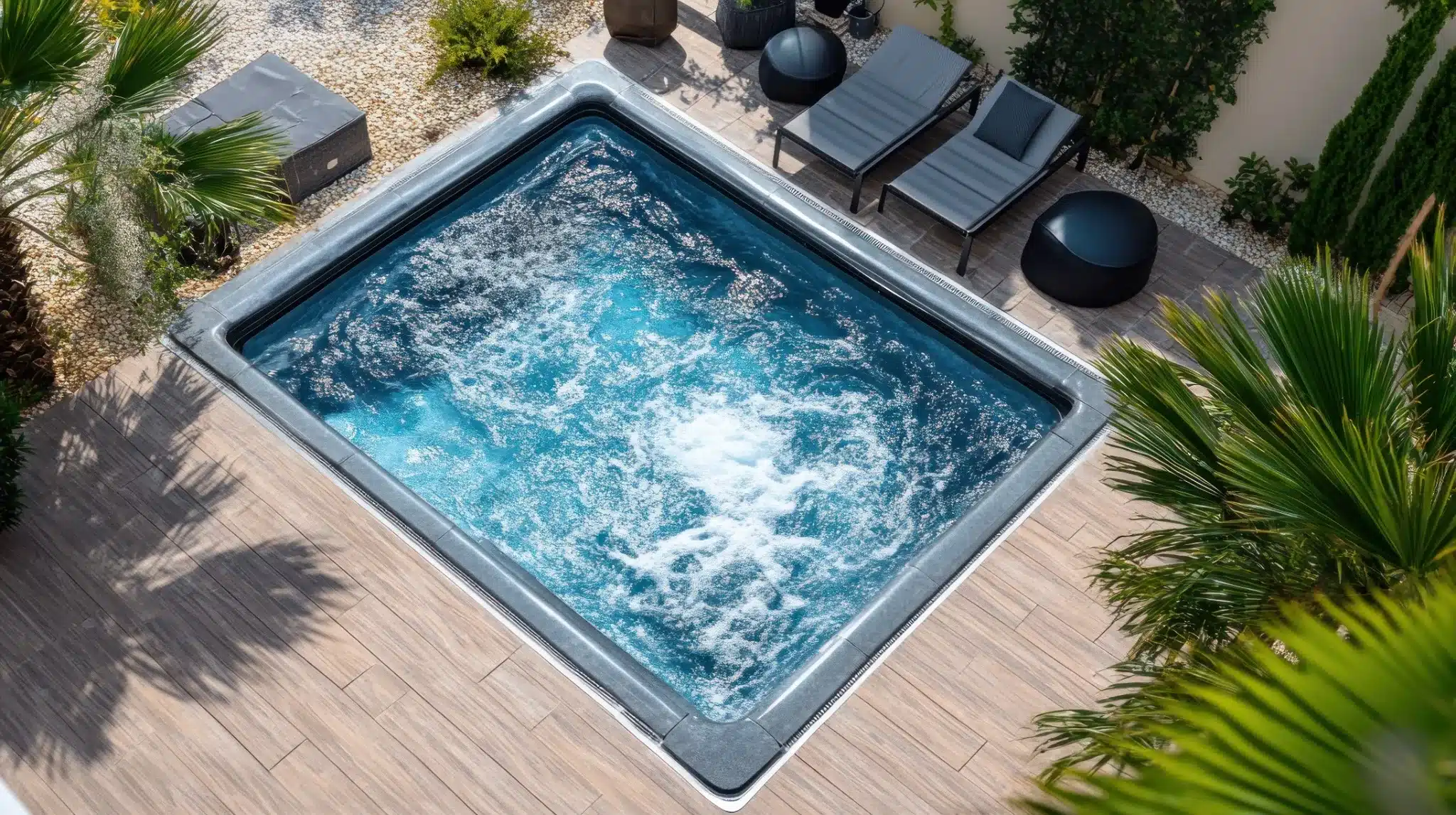 Vue aérienne d'un jacuzzi extérieur moderne avec eau bouillonnante, entouré d'une terrasse en bois, de palmiers et de chaises longues.