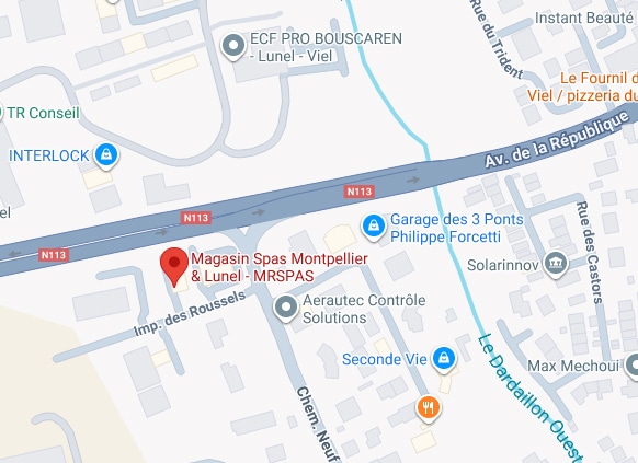 Magasin Spas Montpellier Lunel : Accès N113, Av. République Magasin Spas Montpellier & Lunel - MRSPAS sur carte près N113 et Av. de la République, avec ECF PRO BOUSCAREN, Garage des 3 Ponts, Solarinnov.