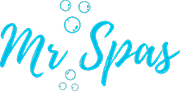 Logo Mr Spas, texte turquoise lumineux de style manuscrit avec des bulles aquatiques flottantes sur fond noir, évoquant détente et bien-être.