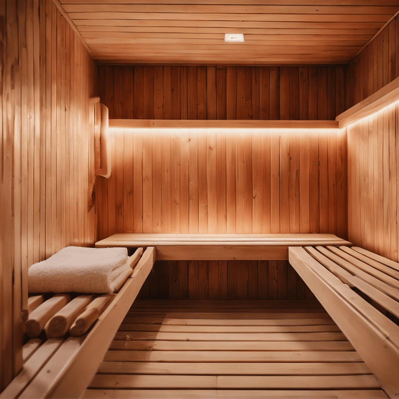 Intérieur de sauna en bois clair moderne avec deux niveaux de bancs et une serviette blanche. Éclairage LED d'ambiance intégré.