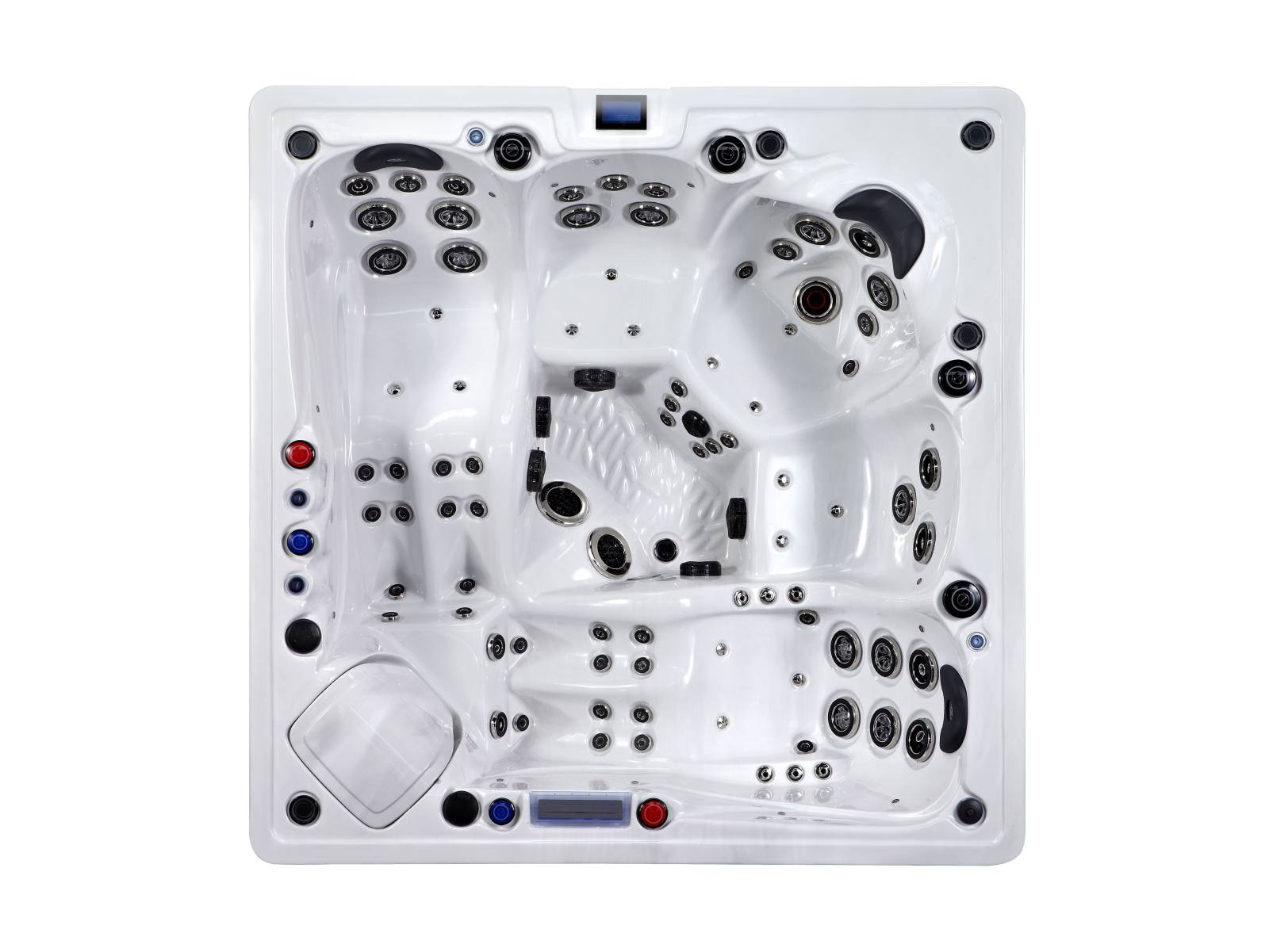 Spa balnéo blanc vu du dessus, avec sièges ergonomiques, nombreux jets de massage, appuis-tête et commandes intégrées.