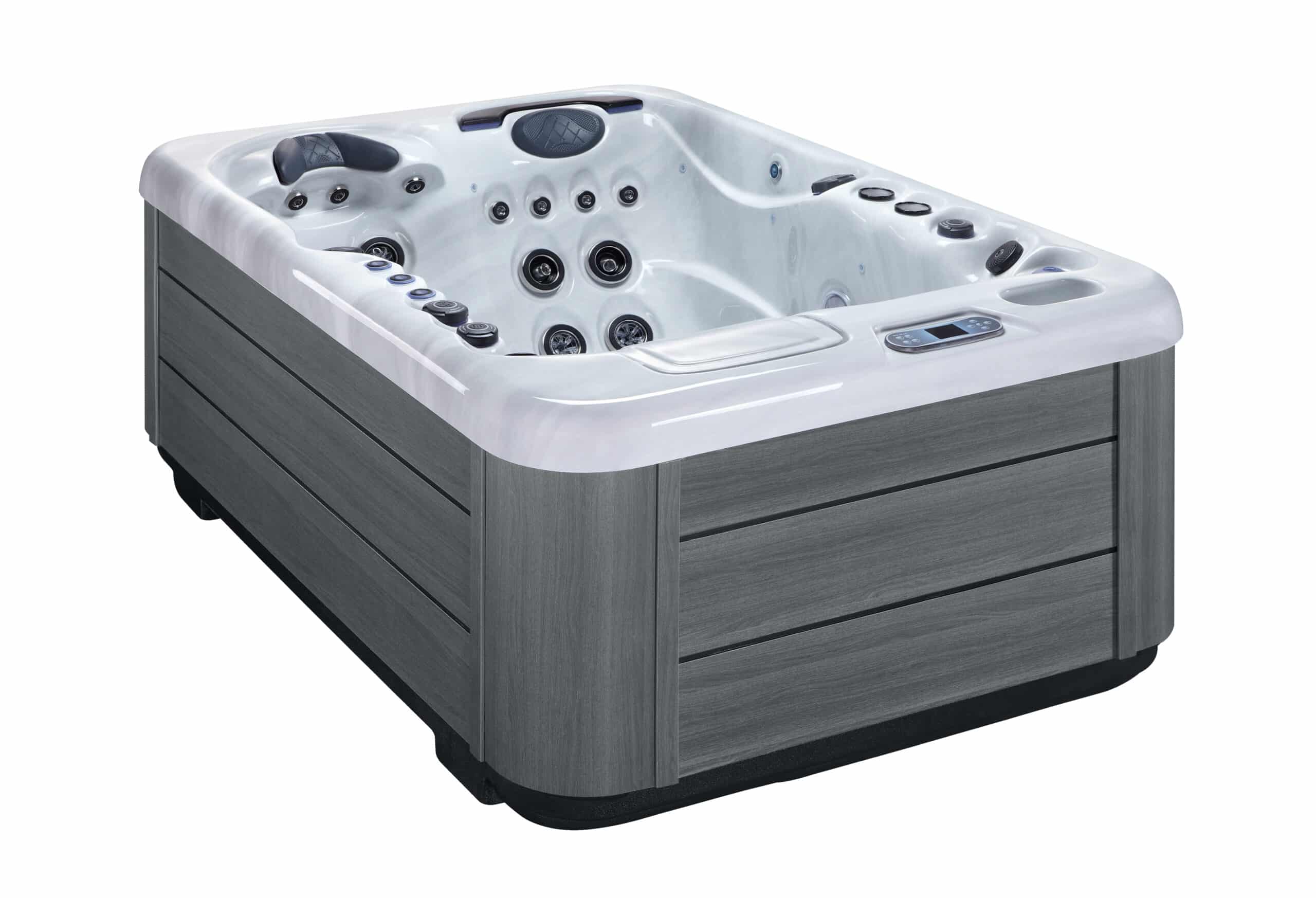 Spa extérieur moderne, coque blanche marbrée, habillage gris foncé aspect bois, avec commandes numériques visibles.