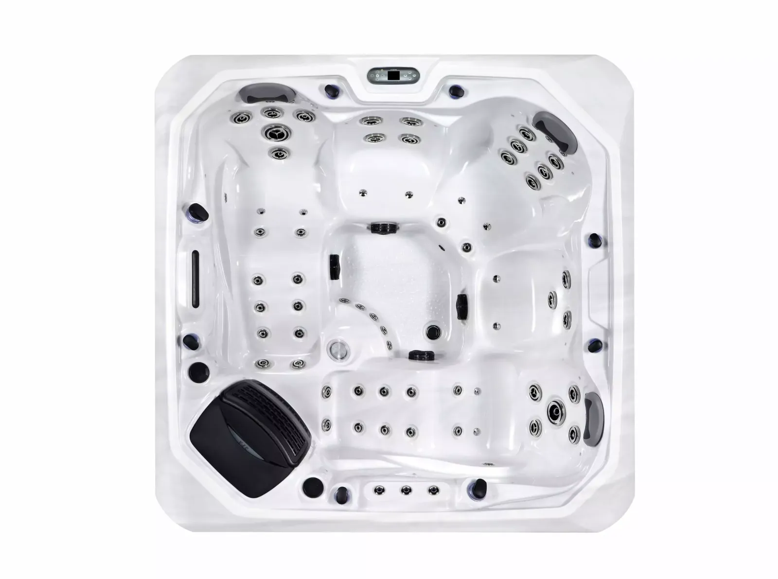 Jacuzzi blanc moderne, vue plongeante, avec six sièges ergonomiques et de nombreux jets de massage pour la détente.