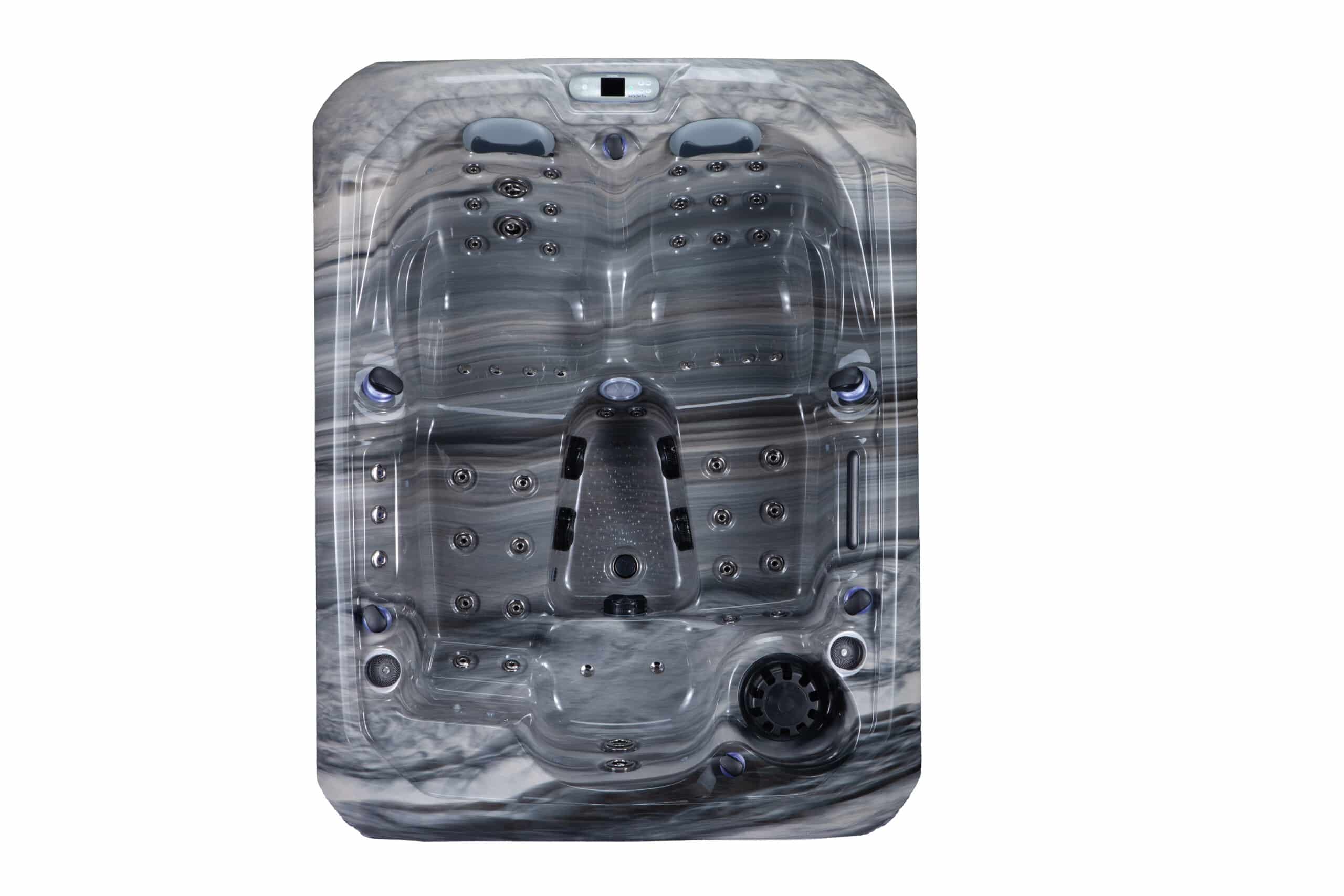 Vue de dessus d'un spa ou jacuzzi rectangulaire, intérieur effet marbre gris et noir, avec sièges moulés et multiples buses de massage chromées. Panneau de contrôle VENDOM visible.