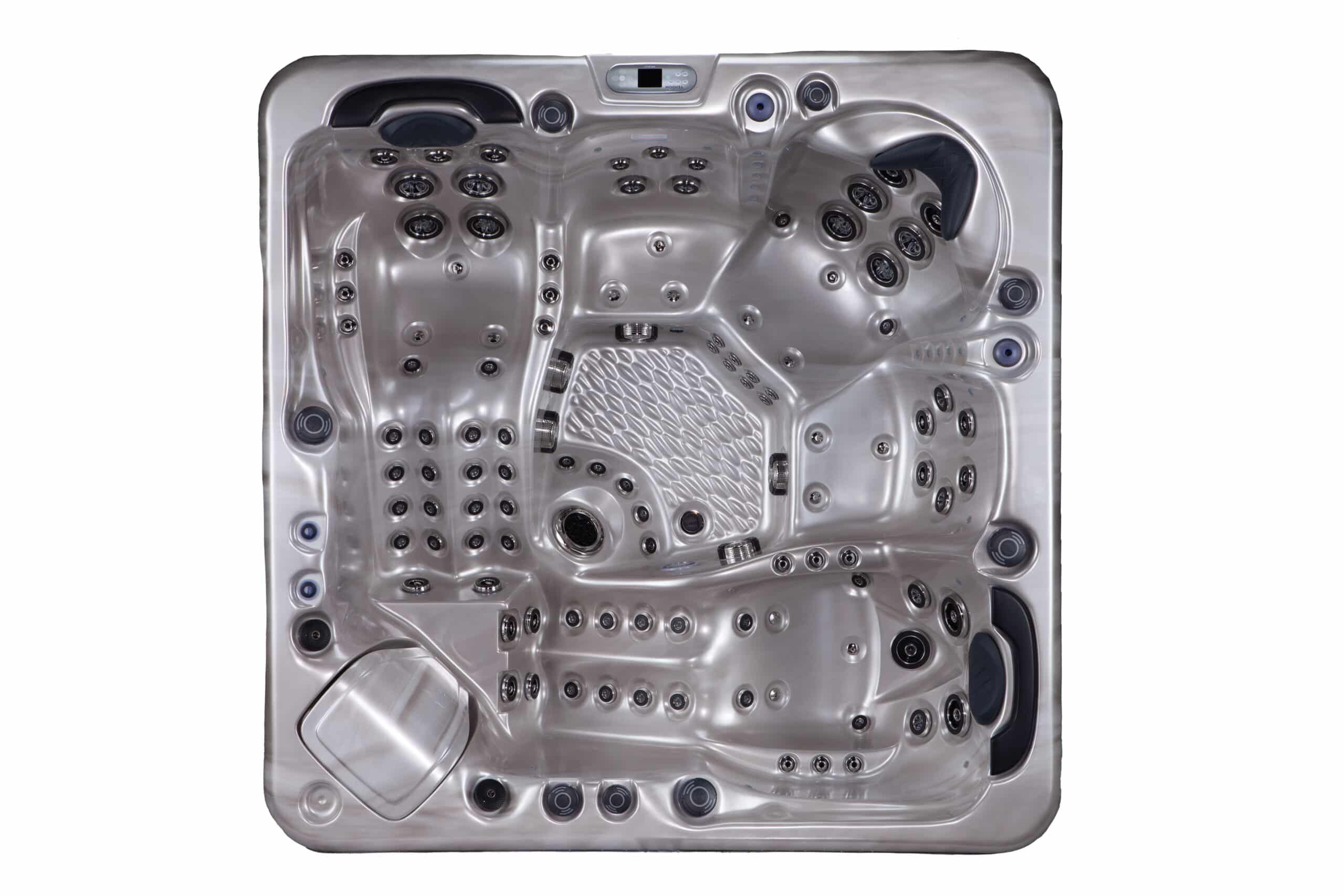 Vue de dessus d'un spa jacuzzi moderne, coque acrylique gris clair avec de nombreux jets chromés, sièges moulés et panneau de contrôle digital affichant 'VITA SPA'.