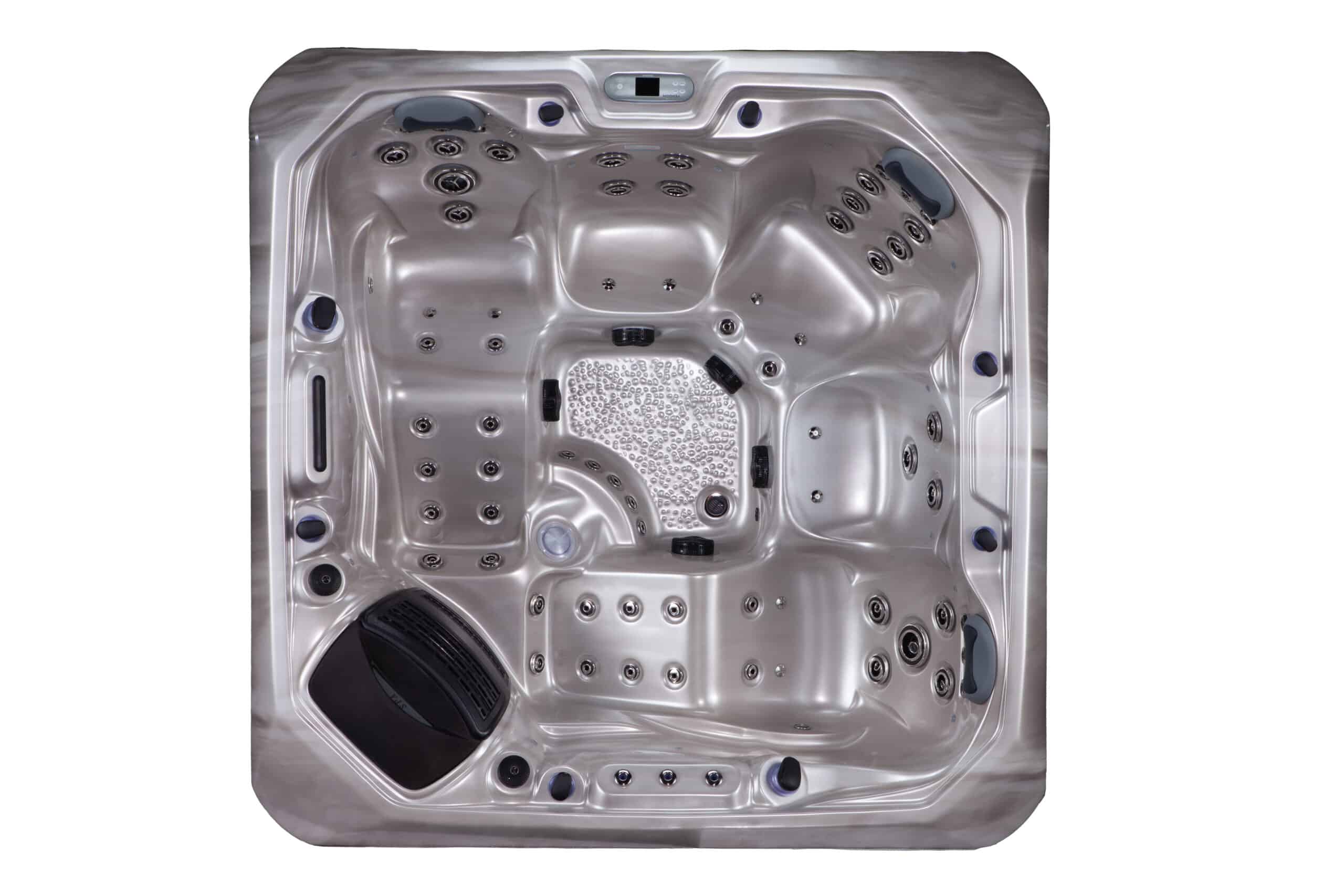 Vue de dessus d'un spa intérieur moderne, coque acrylique gris métallisé, avec de multiples jets chromés, commandes numériques 'VANGUARD' et repose-têtes.