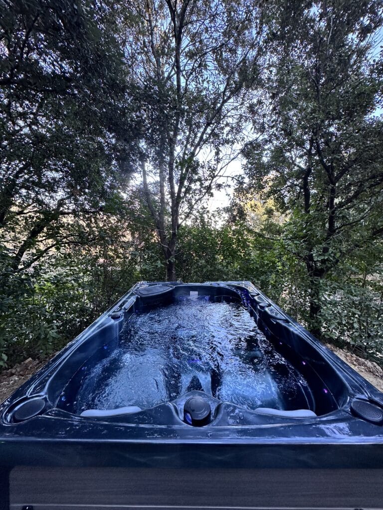 Jacuzzi extérieur au milieu des arbres. L'eau sombre et bouillonnante est accentuée par un éclairage bleu, le soleil filtrant à travers la forêt.