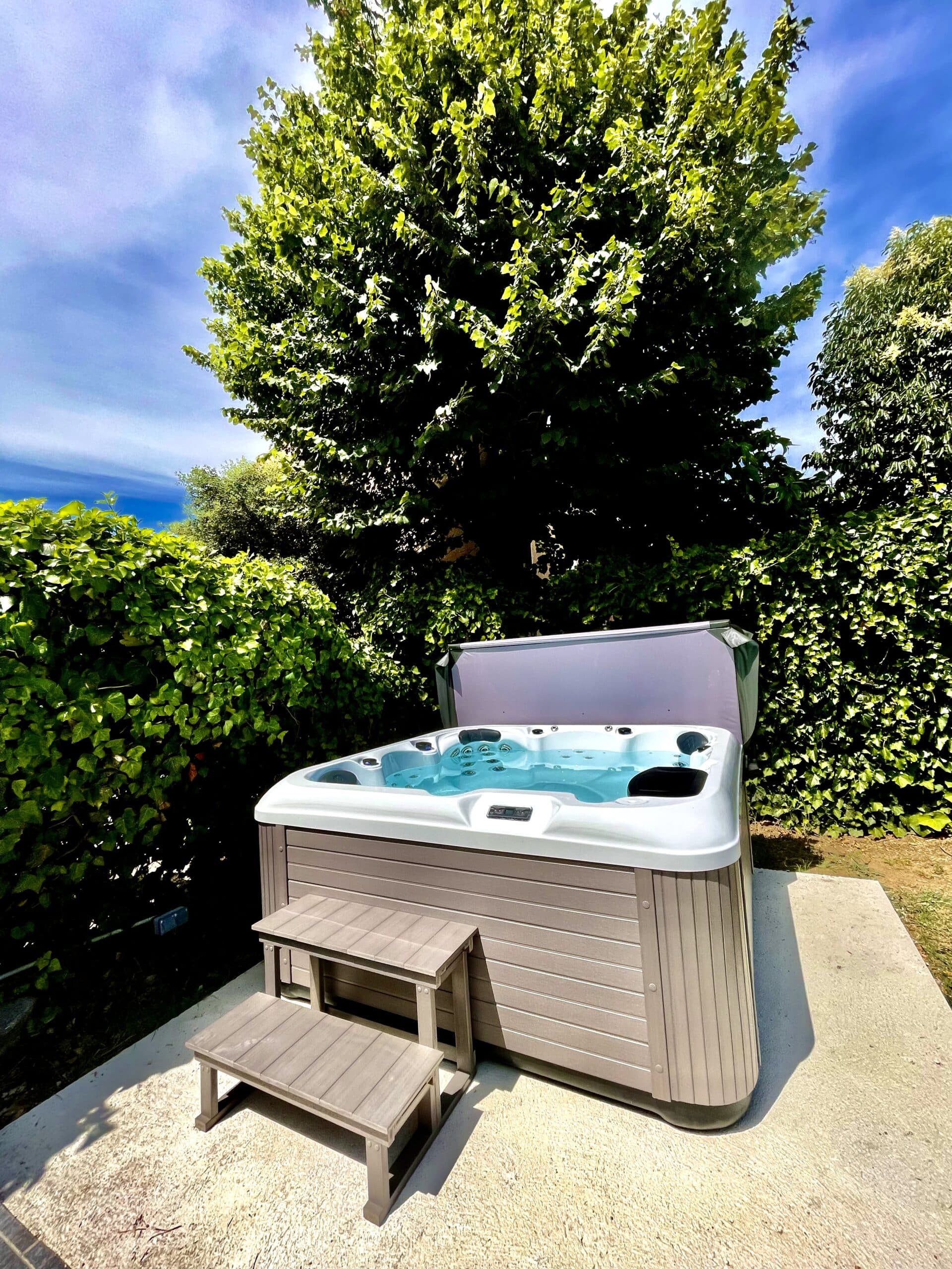 Spa jacuzzi d'extérieur gris avec escalier sur dalle de béton. Cuve remplie d'eau bleue, entouré de haies vertes luxuriantes sous un ciel ensoleillé.