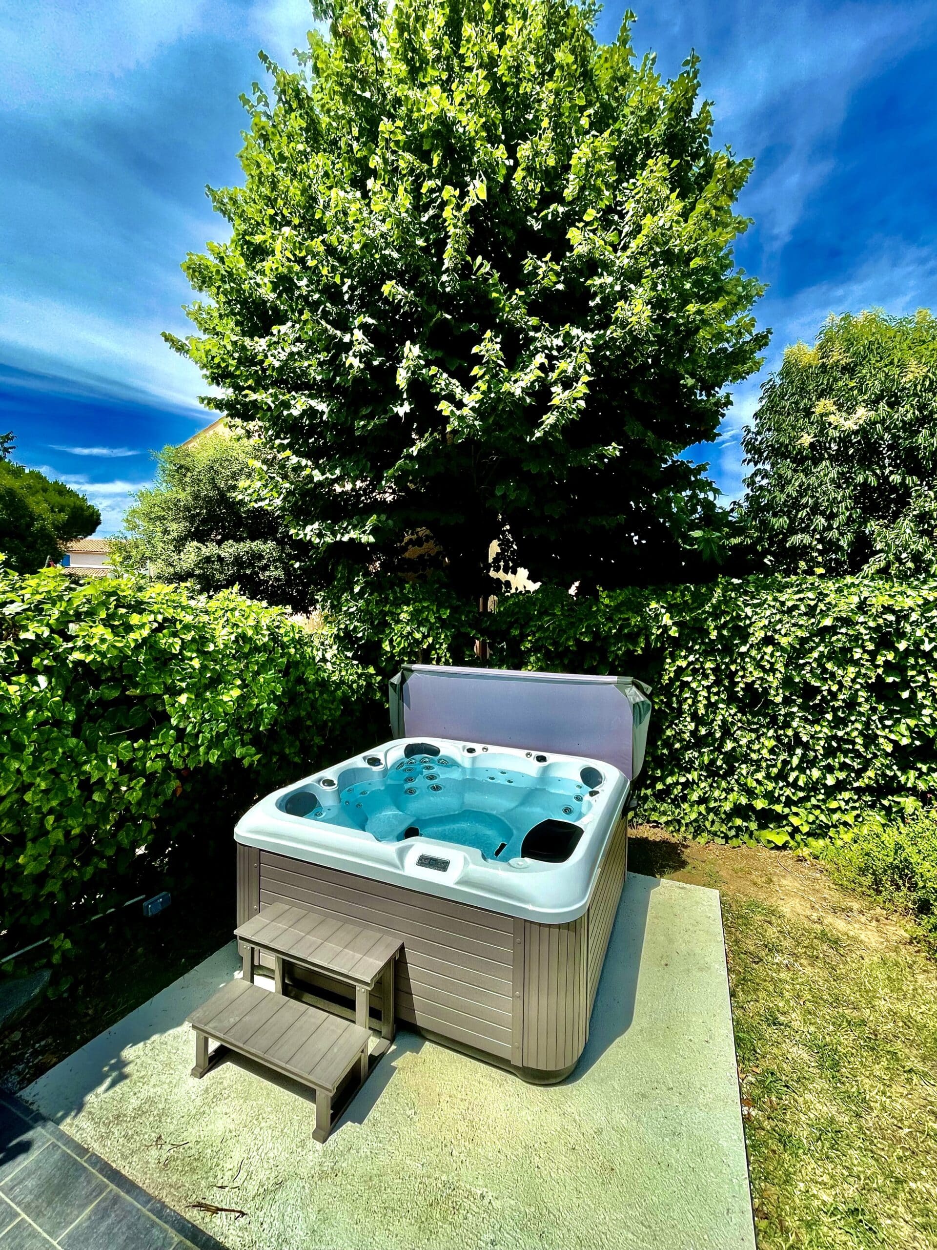 Jacuzzi extérieur moderne avec marches, sur une dalle ensoleillée, entouré d'une végétation dense et d'un ciel bleu éclatant.