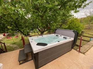Jacuzzi extérieur | Spa moderne pour détente au jardin. Spa jacuzzi d'extérieur moderne installé sur une terrasse, offrant détente et bain à remous sous un grand arbre feuillu.