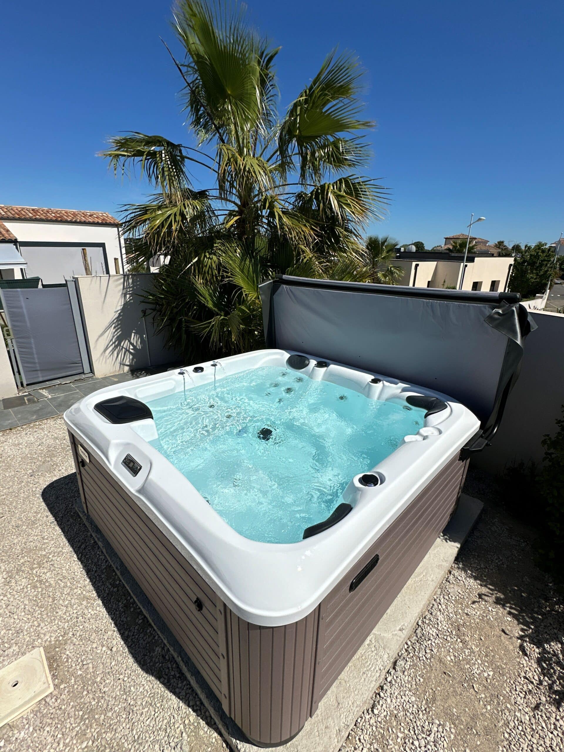 Spa Jacuzzi extérieur sur une terrasse ensoleillée. L'eau bleue mousse sous un ciel clair, près d'un grand palmier luxuriant.